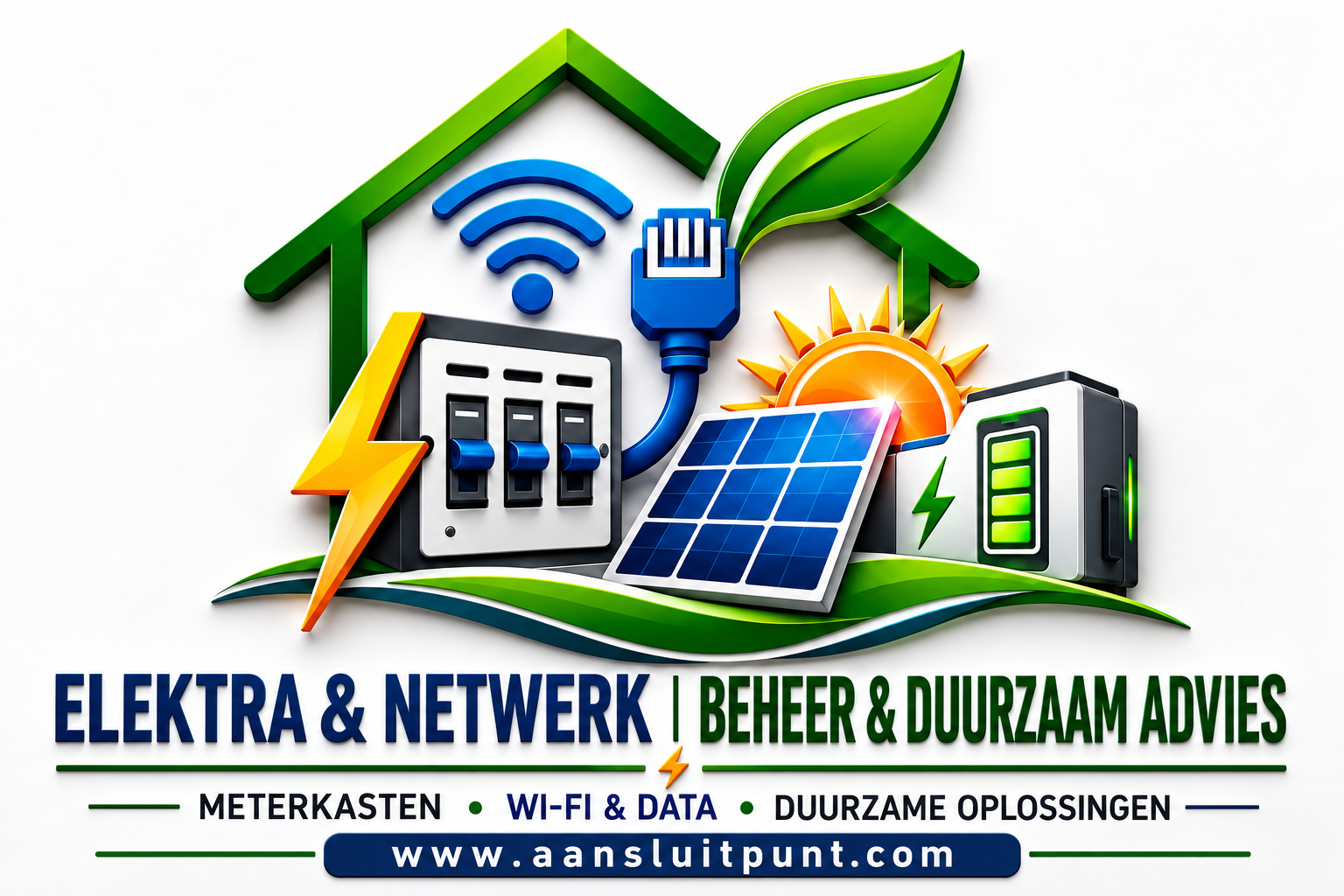 Aansluitpunt logo met elektra, netwerk, zonnepanelen en thuisbatterij